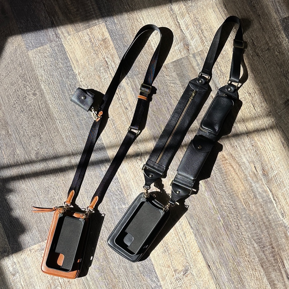 Set of 2 iPhone 14 Pro Bandolier Black and Brown Crossbody Phone Bags